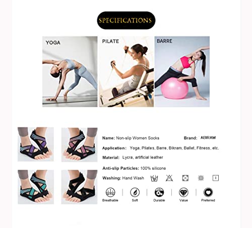 Image of ABIRAM Yoga Socks Toeless Non-Slip Grips & Straps, for Pilates, Barre, Ballet, Bikram, Workout for Women