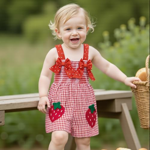 Baby Girls Plaid Shortall Sleeveless Strawberry Embroidery Smocked Romper Jumpsuit with Red Bows Summer Casual Overall3