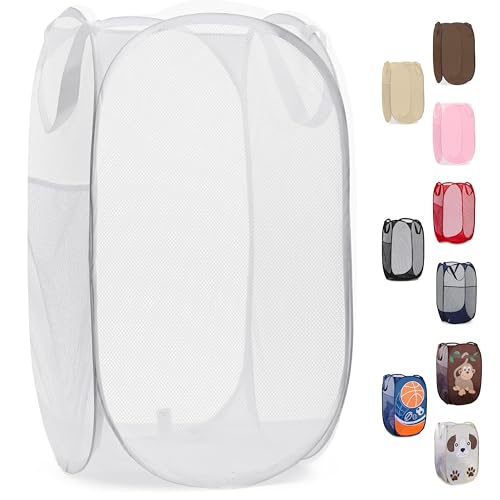 Pop Up Hamper, Collapsible Mesh Laundry Basket - Handy Laundry 71L Foldable Clothes Hamper with Reinforced Handles, Wide Opening and Side Pocket for Dorm, Travel, Cruise, Bedroom (White)