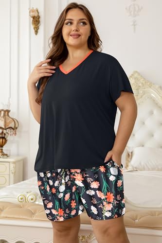 Image of Vozanet Women's Short Sleeve Top and Shorts Pajama Sets Plus Size V Neck Colorful Flower Nighty Loungewear With TWO Pockets