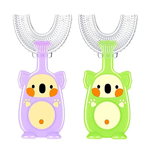 Spazzolino da Denti a Forma di U, Spazzolino da Denti a Forma di U per Bambini, spazzolino manuale per pulizia a 360° (viola + verde)
