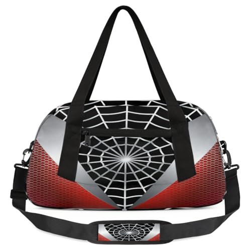 Gym Travel Duffle Bag for Boys - Red Spider Web Kids Overnighter Weekend Bag with Front Zipper Pocket for School Practice, Teens Carry-On Size Sleepover Bags