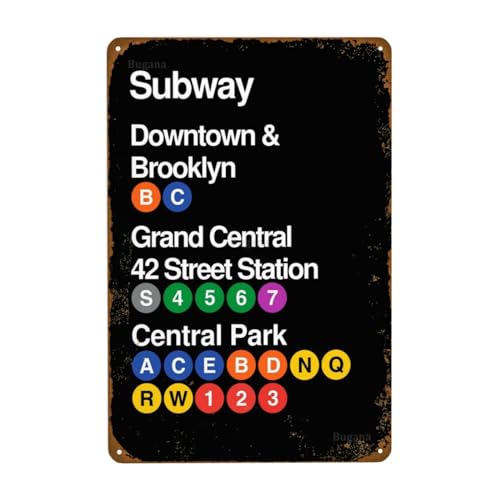 Bugana Plaque en métal vintage New York City Subway Downtown & Brooklyn Grand Central 42 Street Station Park pour homme, grotte, bar, garage, voiture,...