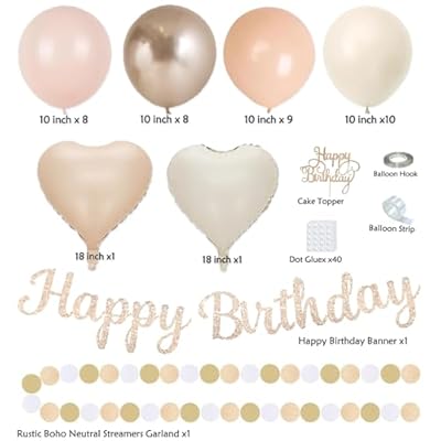 Champagne-Gold Beige Fall Boho Birthday Party Decorations 62pcs Happy Birthday Banner, Peach White Paper Lanterns, Streamers, Tissue Pom Poms, Blush Beige Boho Party Balloons, Rustic Backdrop Decor