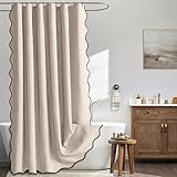 MIULEE Scalloped Shower Curtain Linen Textured with 12 Metal Hooks Cute Heavy Duty Washable Waterproof Thick Cloth Shower Curtains with Black Border for Bathroom Hotel Bathtub,W72*L72 Beige