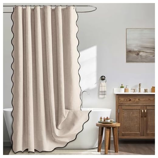 MIULEE Scalloped Shower Curtain Linen Textured with 12 Metal Hooks Cute Heavy Duty Washable Waterproof Thick Cloth Shower Curtains with Black Border for Bathroom Hotel Bathtub,W72*L72 Beige