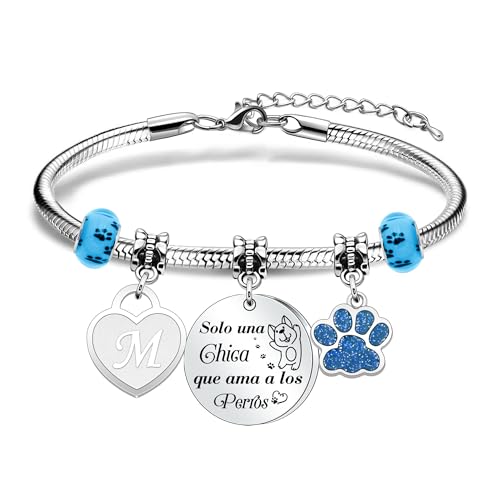 Casxyue Pulseras Perros Para Mujer y Chica Solo Una Chica Que ama a Los Perros Colgante de Corazón A-Z 26 Letras Inicial Plata Joyas Regalos Para Amantes de Los Perros (M)