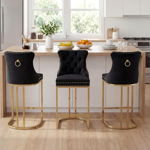 AQO 26 Inch Bar Stools Set of 3 Modern Counter Height Bar Stools with Gold Legs Upholstered Velvet Counter Stools for Kitchen Island Black