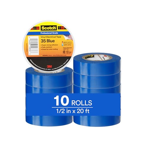3M Scotch Vinyl Color Coding Electrical Tape 35, 1/2 in x 20 ft, 10 Short Rolls, Blue, CSA Certified, UL Listed, Professional Grade, 7 mil Thick, Flame Retardant