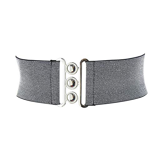FASHIONGEN - Ceinture femme élastique, ceinture large à boucle 3 boutons, style vintage, GLORIA Fabriqué en France - Noir à Lurex Argenté (Boucle...