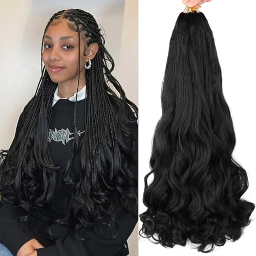 French Curl Braiding Hair Pre Stretched 24Inch 8 Packs Bouncy Wavy Braiding Hair for Boho Box Braids for Black Women (1B, 24Inch(Pack of 8))
