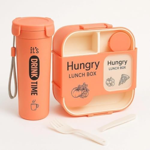 Image of Lunch Box with Water Bottle Set for Kids & Adults | BPA-Free Leakproof Food Storage Container with 3 Compartments & Matching Water Bottle