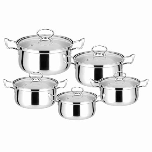 Almalux Batería de Cocina, 10 Piezas, Acero Inoxidable, Compatible con Cocinas de Gas, Vitrocerámica e Inducción, Ollas de 16-24 cm