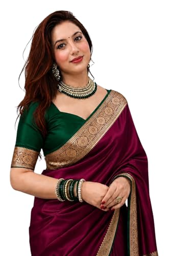 Image of Women's Glory Satin Silk Saree Plain Soft Shiny Elegant Party Traditional Ethnic