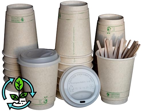 Certified Compostable Coffee Cups by Living Balance | 12oz - 100 cups with Compostable Lids, Stirrers, and Integrated Sleeves - Image 3