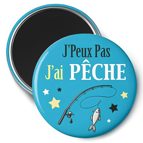 Cadeau pêcheur "J’peux pas j’ai pêche" – Magnet aimant en métal et en plastique – Magnet frigo – 3,8cm de diamètre – Idée cadeau homme pêcheur originale – Fait main France – Création