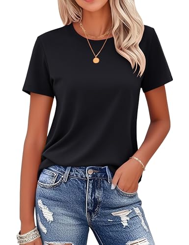 MAGCOMSEN Black T-Shirt for Women Crew-Neck Cotton Short-Sleeve Shirt Classic-Fit Breathable Casual Basic Cool Tee, Black, L