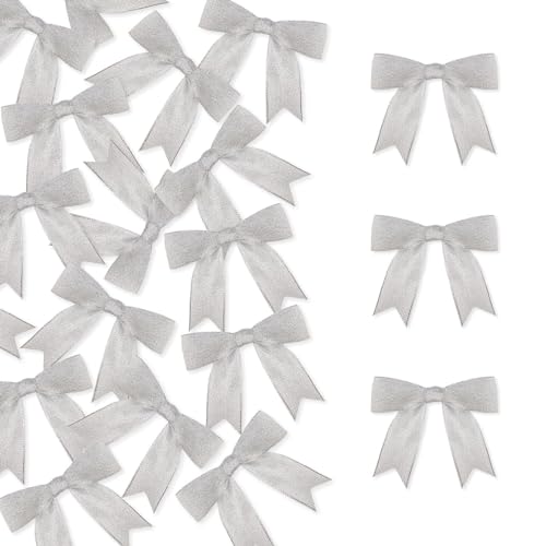 Meseey 100 Pcs Satin Ribbon Bows with Twist Tie 2.5 Inch Metallic Silver Pretied Premade Colored Craft Bows for Gift Wrapping Basket Wedding Baby Shower Brithday Party (Metallic Silver)