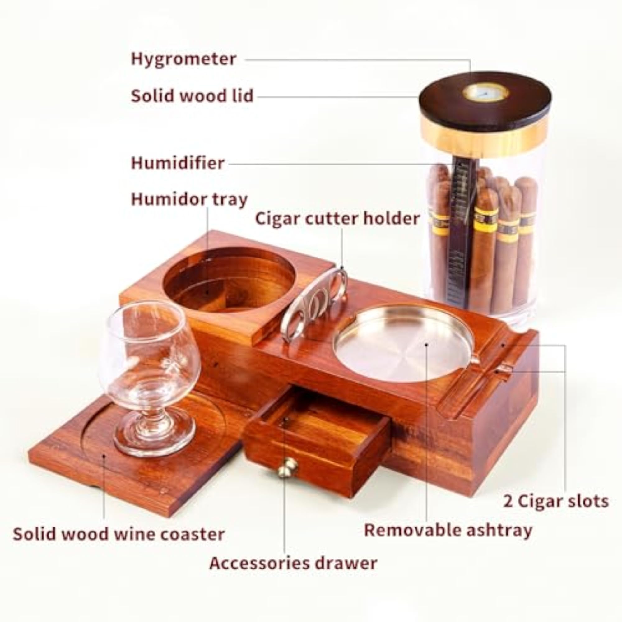 KING'S 20-Cigar Humidor & Ashtray Set, Solid Wood