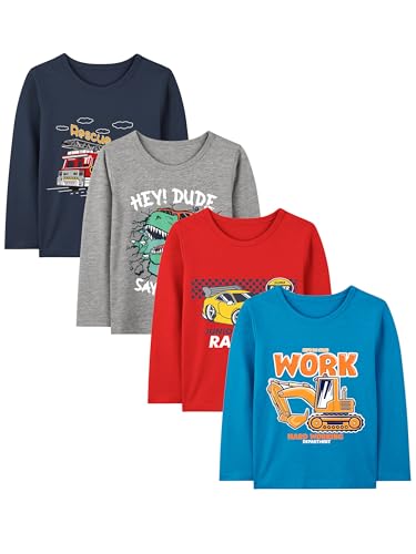 Resinta 4 Pack Toddler Boys Cotton Long Sleeve T-Shirts with Prints Baby Boys Pullover Crewneck Shirts Assorted Everyday Tops
