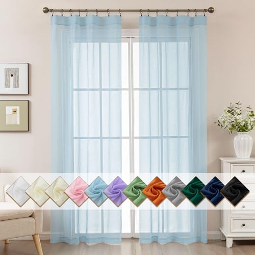 Image of Blue Sheer Curtains 84 Inches Long, Privacy Semi Sheer Curtains for Living Room Bedroom, Light Filtering Rod Pocket Voile Window Drapes 2 Panels Set, Each 42 inch W x 84 inch L