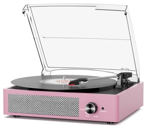 Record Player with Speakers Belt-Driven Vintage Turntables 3 Speed 3 Size Wireless Bluetooth Playback AUX-in RCA Out Headphone LP Vinyl Players Auto Stop Purple Pink