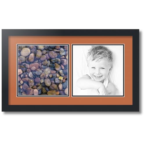 ArtToFrames Collage Photo Frame Double Mat with 2-9x9 Openings with Satin Black Frame and Red Orange mat.