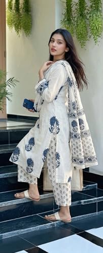 Image of GoSriKi Kurta Sets for Women Viscose Printed | Kurta Pant Dupatta Set | Straight Kurti Set | Round Neck V-Slit 3 /4 Sleeve Ethnic Outfit | Designer Indian Kurti Clothing with Pants