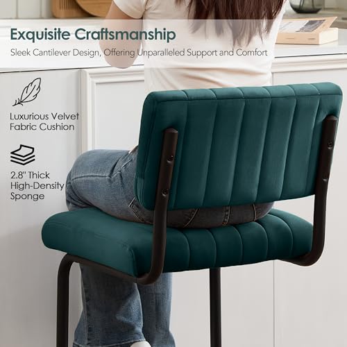 Image of ONEVOG 24 Inch Teal Counter Bar Stools Set of 2, Mid-Century Modern Counter Height Cantilever Bar Chairs for Kitchen Island, Upholstered Velvet Fabric Barstools with Back & Matte Black Metal Leg, Teal