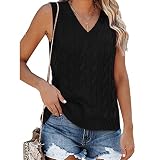 Fisoew Women's Sleeveless V-Neck Vintage Sweater Knitted Vest Casual Preppy Style Black