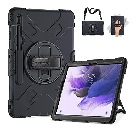SUPFIVES Case for Samsung Galaxy Tab S7 FE 12.4 Inch 2021 : [Upgraded Military Grade] Full-Body Rugged Protective Soft Silicone Cover - Kick Stand- Handle/Shoulder Strap- S Pen Holder- Black