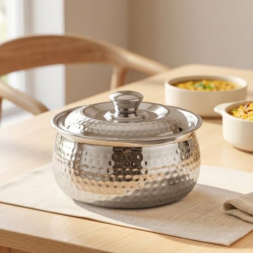 Image of Nestasia Stainless Steel Insulated Casserole with Lid (1500 ml) - 100% Food Safe Hammered Roti Server with Self Locking Lid - Retains Heat & Freshness | Rust Resistant & BPA - Free Chapati Casserole