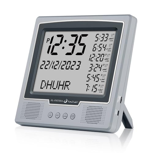 Al salama Azan Wecker Tischuhr, Automatisch Weltweit Digital 8 Azan Gebet Töne, muslimische Gebetsuhr für Home Decor, Ramadan Geschenk (Grau)