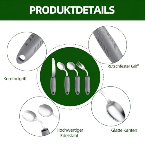 4-teiliges Parkinson Besteck Edelstahl mit Stoffbeutel, 42° Winkel Adaptives Besteckset, Griffverdickung Besteck, 85g Gewicht, Esshilfen für Handzittern, Arthritis und Behinderte, Rechtshänder
