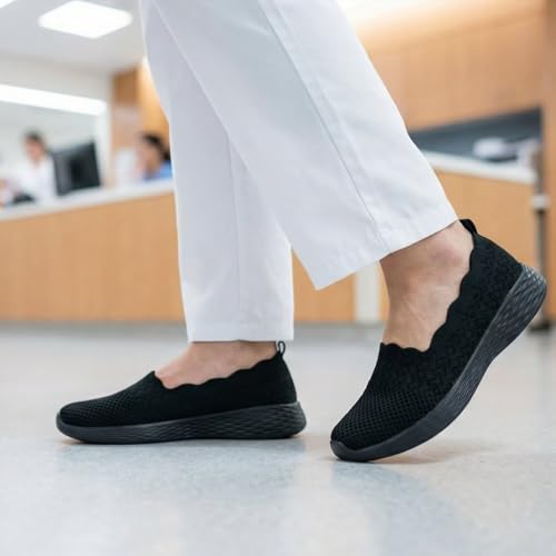 poemlady Women's Slip on Loafer Shoes - Mesh Casual Ballet Flat Nurse Walking Sneakers Knit Round Toe Casual Low Wedge Memory Foam Shoes, 1905 B/All Black 8.5 by poemlady - Image 4