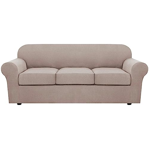 H.VERSAILTEX 4 Piece Stretch Sofa Covers for 3 Cushion Couch Covers for Living Room Slipcovers (Base Cover Plus 3 Seat Cushion Covers) Upgraded Thicker Jacquard Fabric (Sofa, Sand)