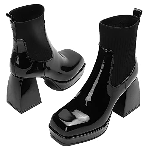 CYNLLIO Women s Platform Boots Chelsea Ankle Boots Square Toe Elastic Slip on Combat Chunky Heel Booties