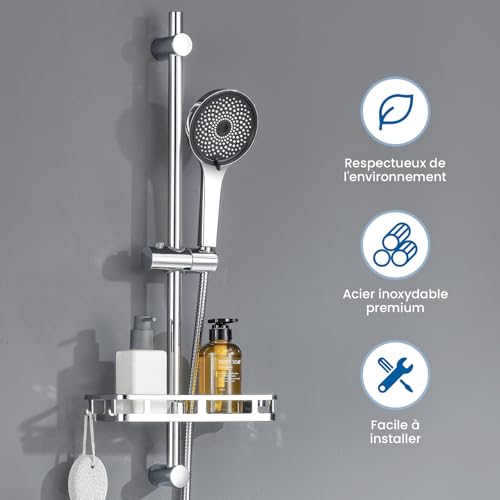 Auralum Colonne de Douche sans Robinet avec Douchette 5 Jets, Barre de Douche Réglable 700mm en Acier Inox, Support Coulissant à 360°, Étagère de Rangement Incluse, Finition Chrome Anti-Corrosion – vue 2