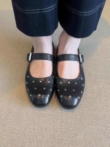 Women's Round Toe Retro Rivet Mary Jane Flat Shoes Stylish Single Belt Buckle Dress Shoes Genuine Leather Slip On Flats2
