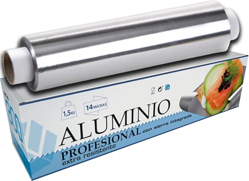 VESCEL-Rollo de Papel Aluminio Industrial 30cm, 14 Micras, 1,5 kg, Papel Aluminio Profesional con Sierra para Corte, Ideal para Envolver, Asar, Conservar, Estuche con Sierra