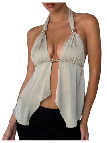 MakeMeChic Women's Satin Halter Tops Metal Ring Tie Open Back Asymmetrical Ruffle Tank Tops