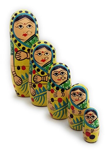 Image of CRAFT HAND Traditional Indian Nesting Wooden Doll /Hand Painted Matryoshka Stacking Dolls- Set of 5 Piece (Lady in Yellow Saree)