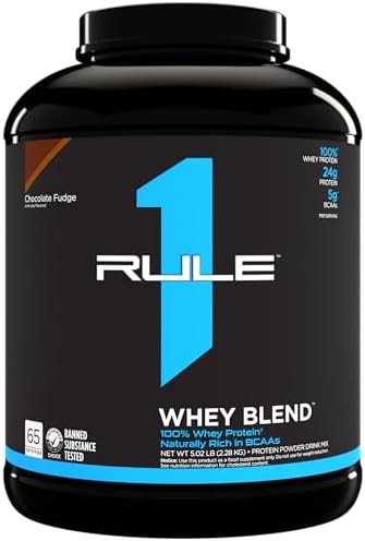 Rule One Proteins, R1 Whey Blend- Chocolate Fudge, 24g Fast-Acting Whey Protein Concentrates, Isolates, and Hydrolysates Per Serving, with Naturally Occurring EAAs and BCAAs, 5lbs