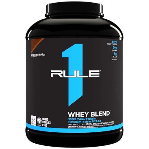 Rule 1 R1 Whey Blend, Chocolate Fudge - 5.02 lbs Powder - 24g Whey Concentrates, Isolates & Hydrolysates with Naturally Occurring EAAs & BCAAs - 66 Servings