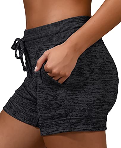 90 Degree By Reflex Soft and Comfy Activewear Lounge Shorts with Pockets and Drawstring for Women - Heather Black - Large