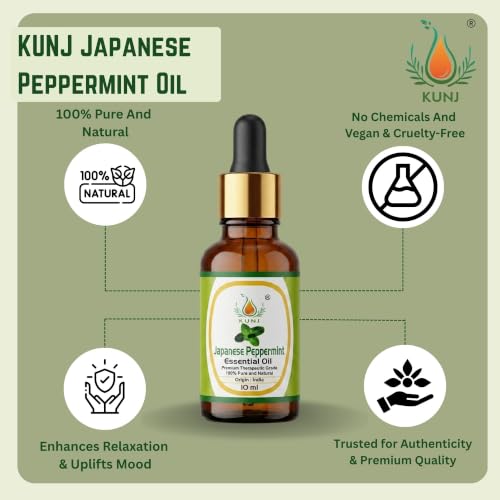 Image of KUNJ Japanese Peppermint Essential Oil 10ml - 100% Pure & Natural Undiluted Steam Distilled Oil for Hair Care, Scalp Massage, Aromatherapy, Diffuser, Skin Care & DIY Blends