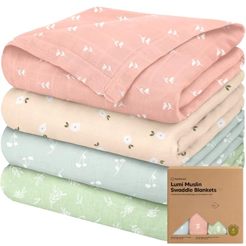 Image of 4-Pack Muslin Swaddle Blankets for Boys, Girls - Organic Baby Swaddles for Newborns, Soft & Breathable Receiving Baby Blankets for Girl, Boy, Neutral, Newborn Essentials Gift (Bloom)