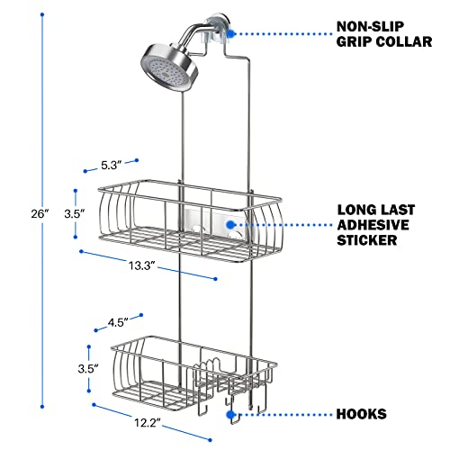 Epicano Anti-Swing Hanging Shower Caddy, Over Head Shower Caddy Rustproof With Hooks For Towels, Sponge And More, Silver #TOP6