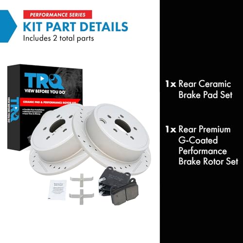 Image of TRQ Performance Rear Brake Pad and Rotor Set Ceramic Drilled Slotted G Coated Rotors Compatible with 2008-2014 Subaru Impreza