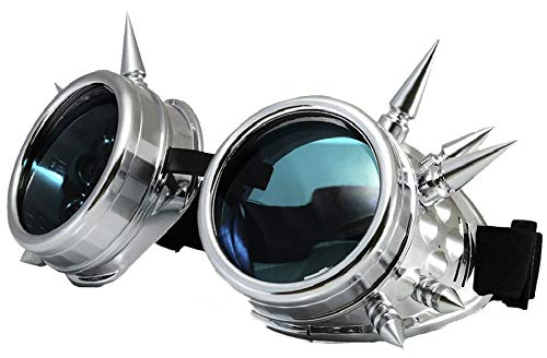 4sold occhiali da sole Steampunk, Antique, Copper, Cyber, Goggles, Rave, Goth, Vintage, Victorian Goggles Studs Silver With Free Lensses And Stickers Medium